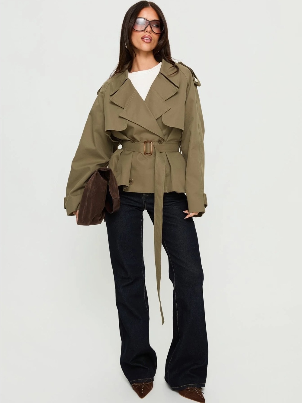 NEW Princess Polly Olive Green Eldora Cropped Oversized Trench Coat Size 6